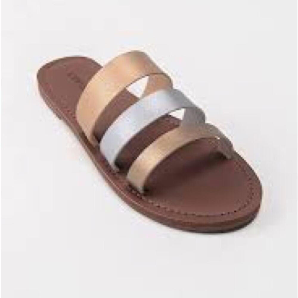Cupshe Metallic Sandals Women’s Size 7 Slide Faux Leather Brown Silver Gold